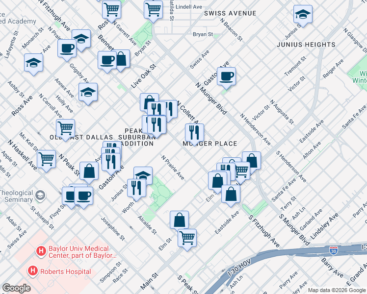 map of restaurants, bars, coffee shops, grocery stores, and more near N Fitzhugh Ave & Worth St in Dallas