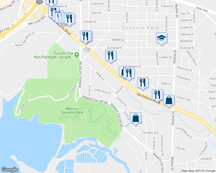 map of restaurants, bars, coffee shops, grocery stores, and more near 5721 Ridge Lane in Fort Worth
