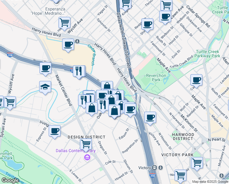 map of restaurants, bars, coffee shops, grocery stores, and more near 1500 Oak Lawn Avenue in Dallas