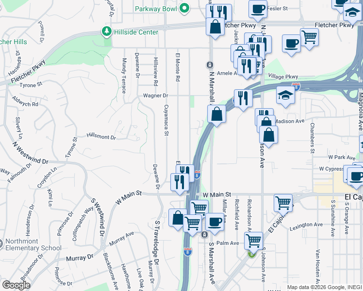 map of restaurants, bars, coffee shops, grocery stores, and more near 377 El Monte Road in El Cajon