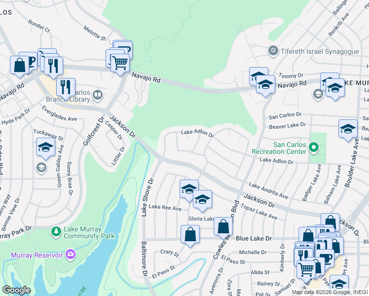 map of restaurants, bars, coffee shops, grocery stores, and more near 6438 Lake Adlon Court in San Diego