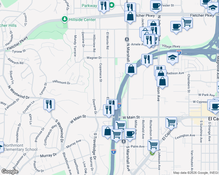 map of restaurants, bars, coffee shops, grocery stores, and more near 398 El Monte Road in El Cajon