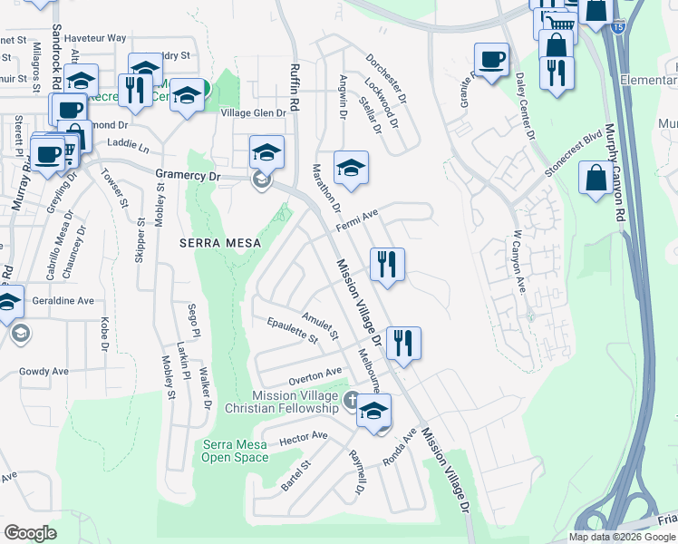 map of restaurants, bars, coffee shops, grocery stores, and more near 3016 Mission Village Drive in San Diego