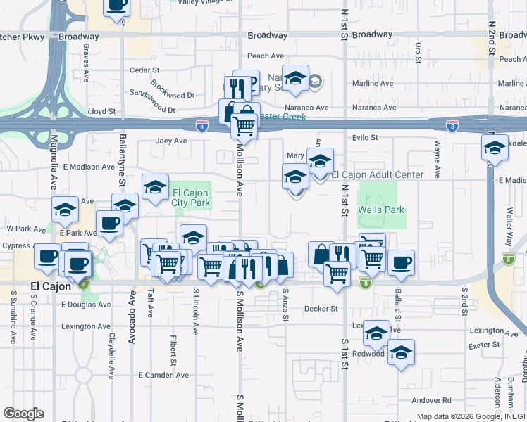 map of restaurants, bars, coffee shops, grocery stores, and more near 353 Dominguez Way in El Cajon
