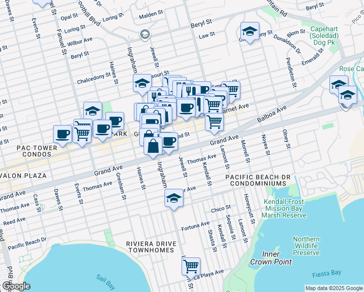 map of restaurants, bars, coffee shops, grocery stores, and more near 1710 Grand Avenue in San Diego
