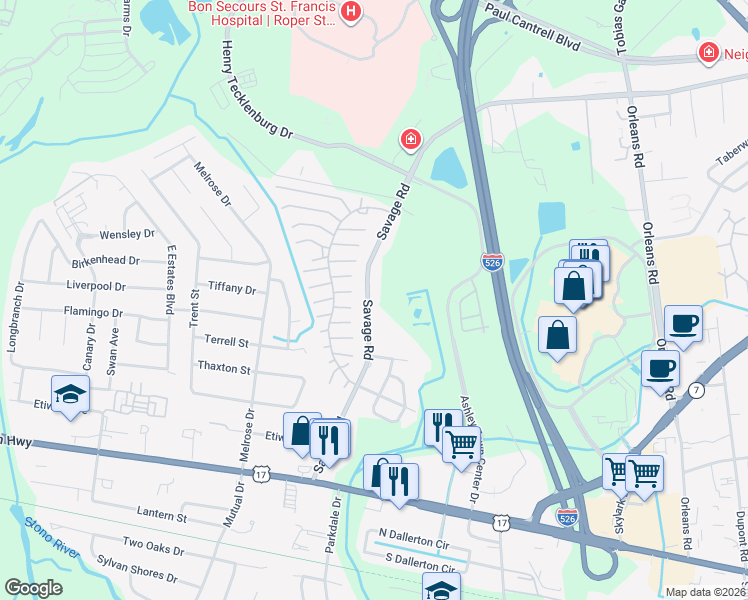 map of restaurants, bars, coffee shops, grocery stores, and more near 843 Savage Road in Charleston