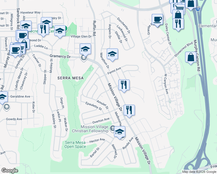 map of restaurants, bars, coffee shops, grocery stores, and more near 3016 Mission Village Drive in San Diego