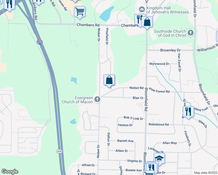 map of restaurants, bars, coffee shops, grocery stores, and more near 5130 Nisbet Drive in Macon