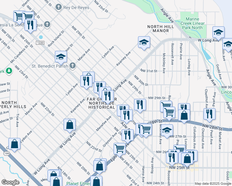 map of restaurants, bars, coffee shops, grocery stores, and more near Northwest 28th Street in Fort Worth