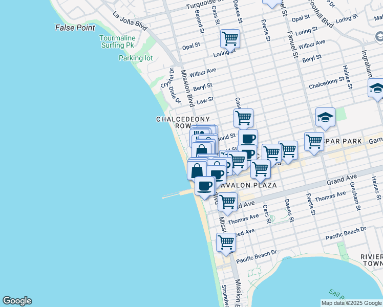 map of restaurants, bars, coffee shops, grocery stores, and more near 4667 Ocean Boulevard in San Diego