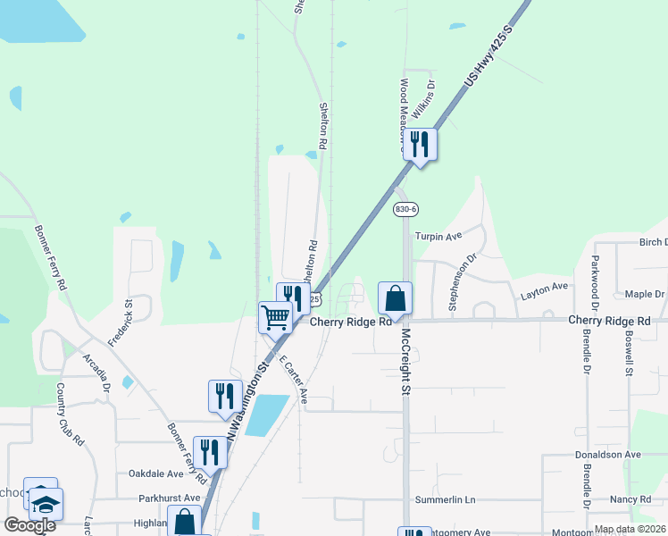 map of restaurants, bars, coffee shops, grocery stores, and more near 10199 Crossett Road in Bastrop