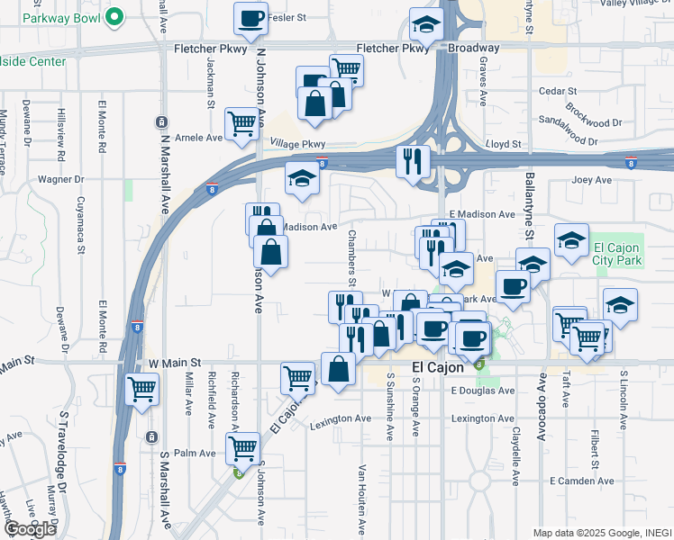map of restaurants, bars, coffee shops, grocery stores, and more near 400 Gardner Street in El Cajon