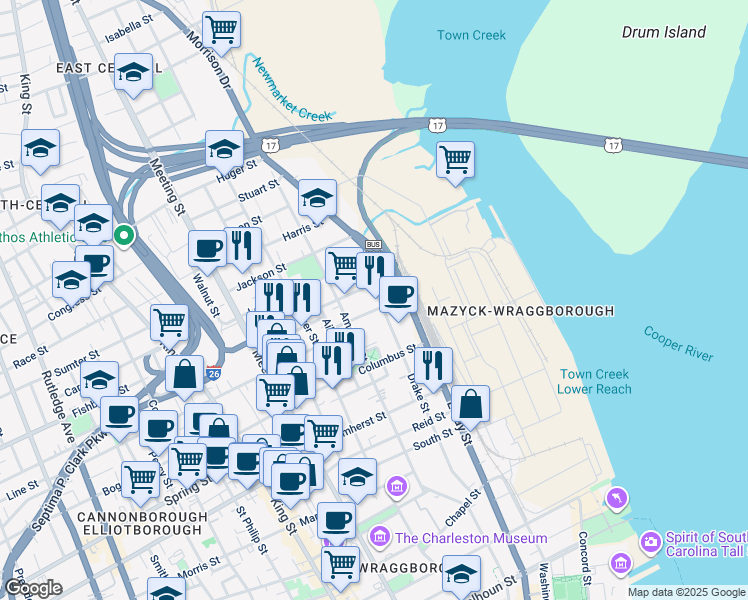 map of restaurants, bars, coffee shops, grocery stores, and more near 33 Cooper Street in Charleston