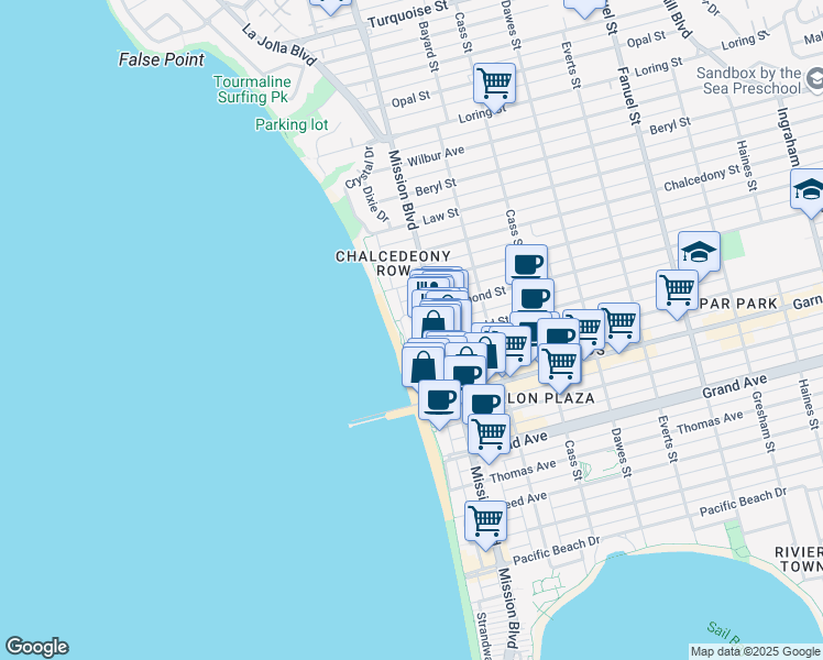 map of restaurants, bars, coffee shops, grocery stores, and more near 4667 Ocean Boulevard in San Diego