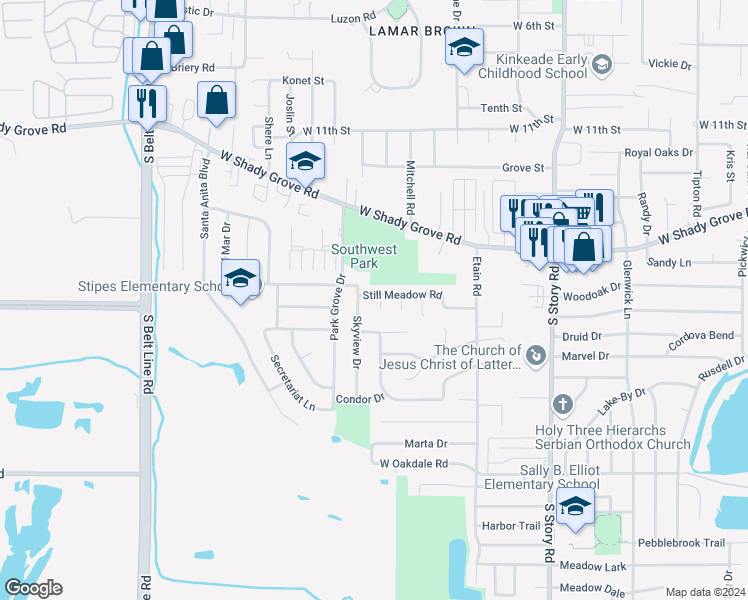 map of restaurants, bars, coffee shops, grocery stores, and more near 2813 Still Meadow Road in Irving
