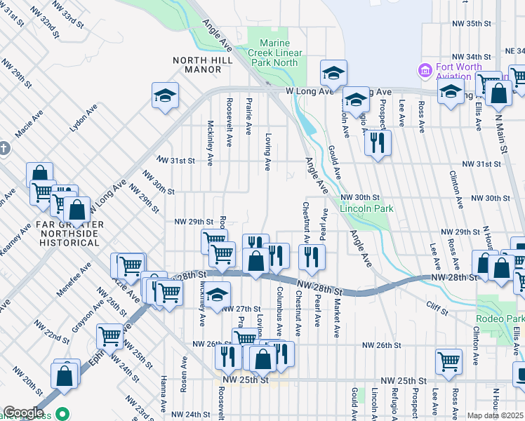 map of restaurants, bars, coffee shops, grocery stores, and more near 2962 Prairie Avenue in Fort Worth