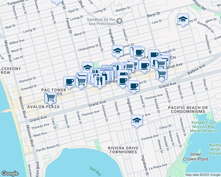 map of restaurants, bars, coffee shops, grocery stores, and more near 1478 Hornblend Street in San Diego