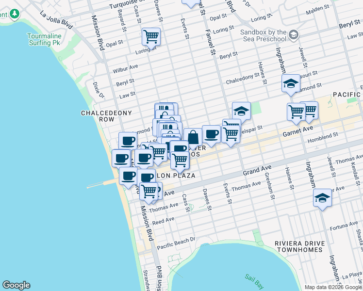 map of restaurants, bars, coffee shops, grocery stores, and more near in San Diego