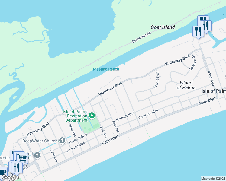 map of restaurants, bars, coffee shops, grocery stores, and more near 3010 Waterway Boulevard in Isle of Palms