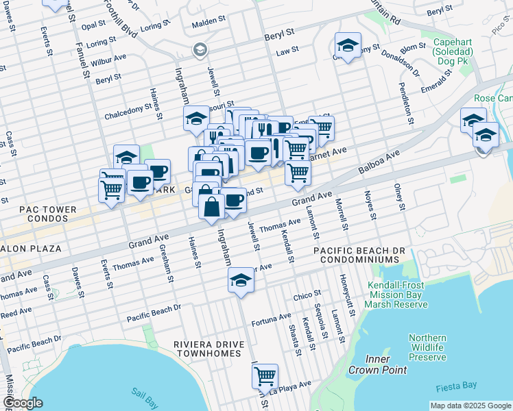 map of restaurants, bars, coffee shops, grocery stores, and more near in San Diego