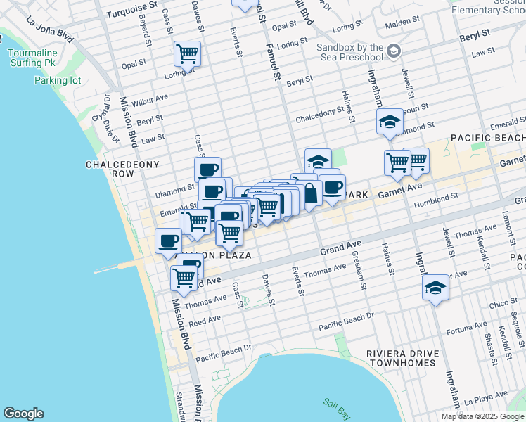 map of restaurants, bars, coffee shops, grocery stores, and more near 1168 Felspar Street in San Diego