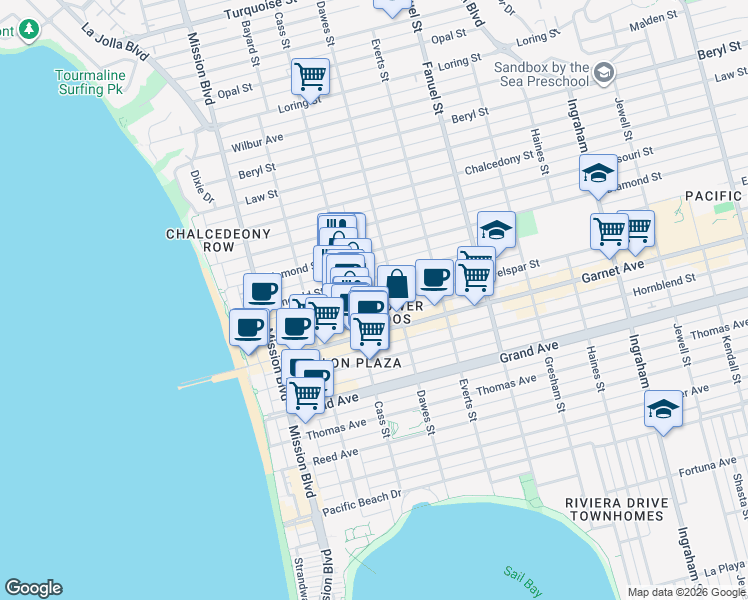 map of restaurants, bars, coffee shops, grocery stores, and more near in San Diego