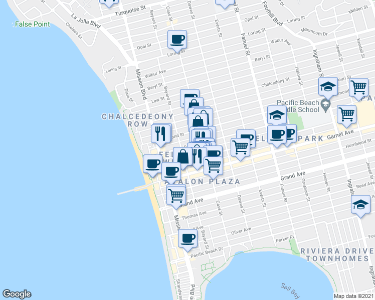 map of restaurants, bars, coffee shops, grocery stores, and more near 930 Emerald Street in San Diego
