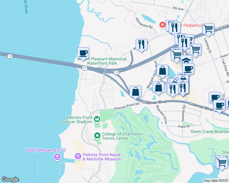 map of restaurants, bars, coffee shops, grocery stores, and more near 175 Harbor Bridge Lane in Mount Pleasant