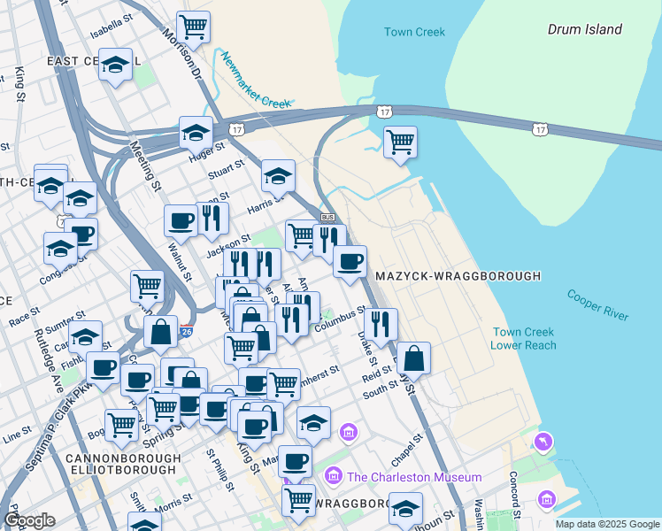 map of restaurants, bars, coffee shops, grocery stores, and more near 33 Cooper Street in Charleston