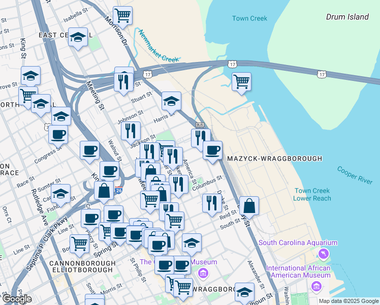 map of restaurants, bars, coffee shops, grocery stores, and more near 33 Cooper Street in Charleston