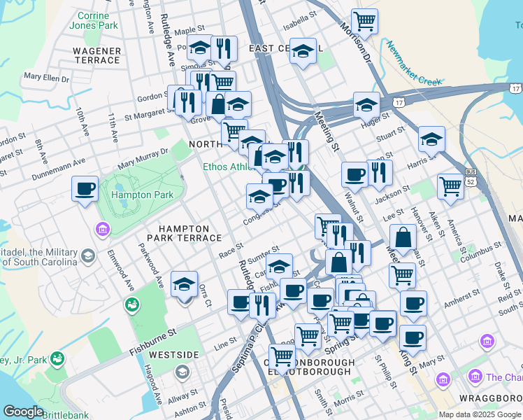map of restaurants, bars, coffee shops, grocery stores, and more near 1 Dingle Street in Charleston