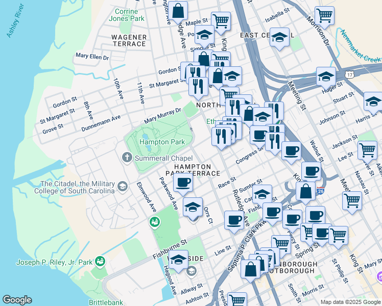 map of restaurants, bars, coffee shops, grocery stores, and more near 81 Moultrie Street in Charleston
