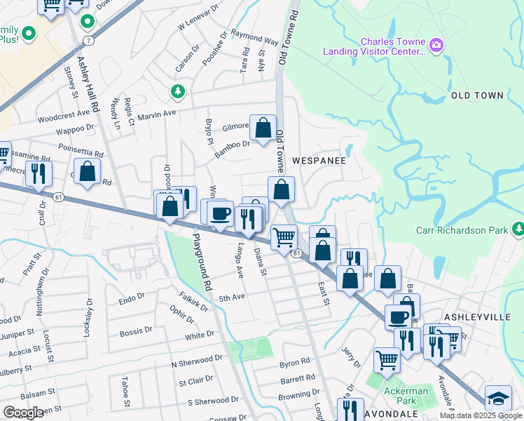 map of restaurants, bars, coffee shops, grocery stores, and more near 1840 Carriage Lane in Charleston