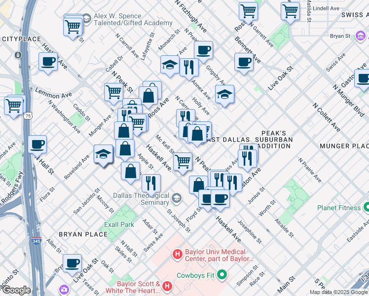 map of restaurants, bars, coffee shops, grocery stores, and more near 1411 North Peak Street in Dallas