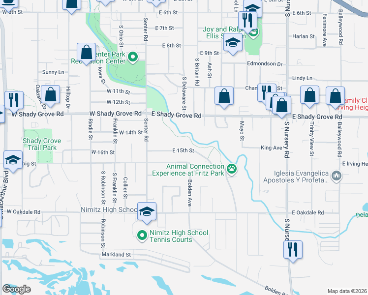 map of restaurants, bars, coffee shops, grocery stores, and more near 315 East 15th Street in Irving