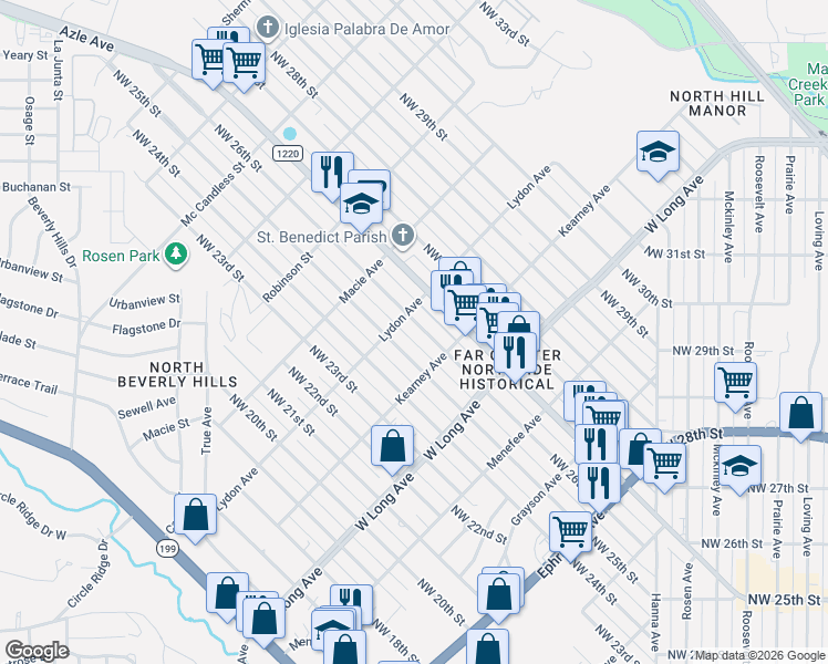 map of restaurants, bars, coffee shops, grocery stores, and more near 2823 Northwest 26th Street in Fort Worth