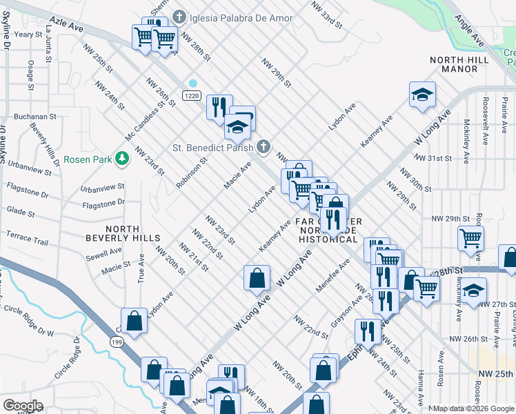 map of restaurants, bars, coffee shops, grocery stores, and more near 2823 Northwest 26th Street in Fort Worth
