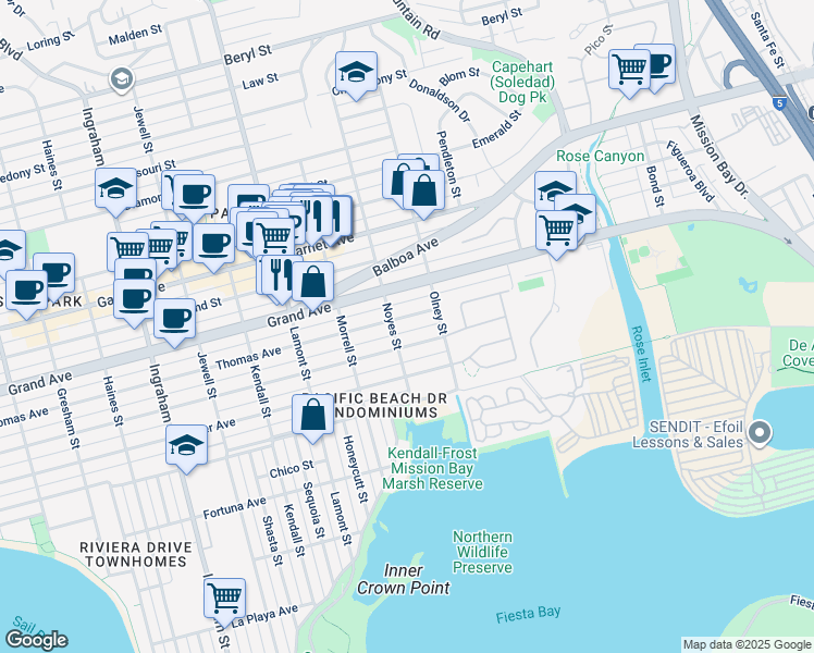 map of restaurants, bars, coffee shops, grocery stores, and more near 2157 Thomas Avenue in San Diego