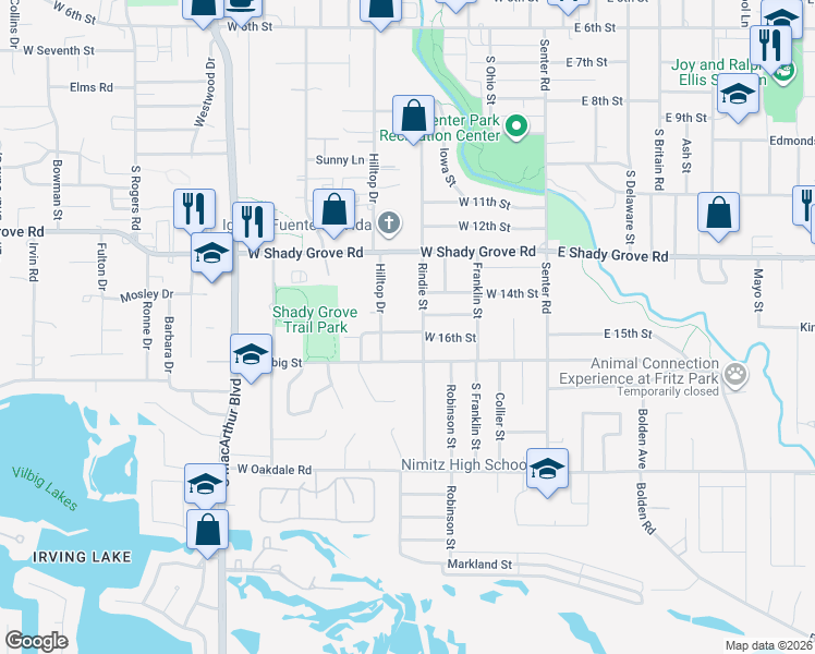 map of restaurants, bars, coffee shops, grocery stores, and more near 501 West 16th Street in Irving