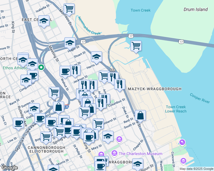 map of restaurants, bars, coffee shops, grocery stores, and more near 33 Cooper Street in Charleston
