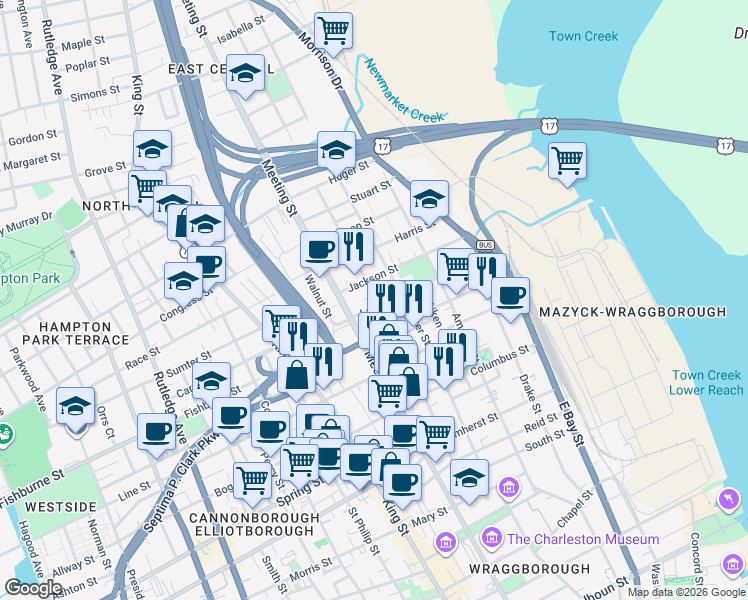map of restaurants, bars, coffee shops, grocery stores, and more near 70 Lee Street in Charleston