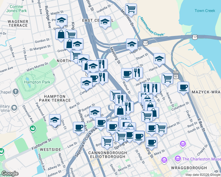 map of restaurants, bars, coffee shops, grocery stores, and more near 30 F Street in Charleston
