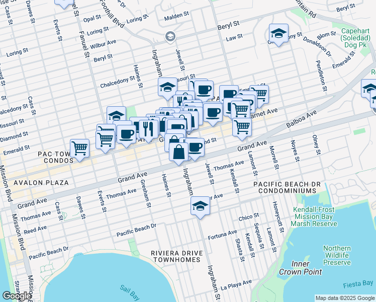 map of restaurants, bars, coffee shops, grocery stores, and more near in San Diego