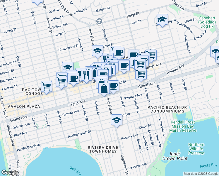 map of restaurants, bars, coffee shops, grocery stores, and more near 1619 Hornblend Street in San Diego