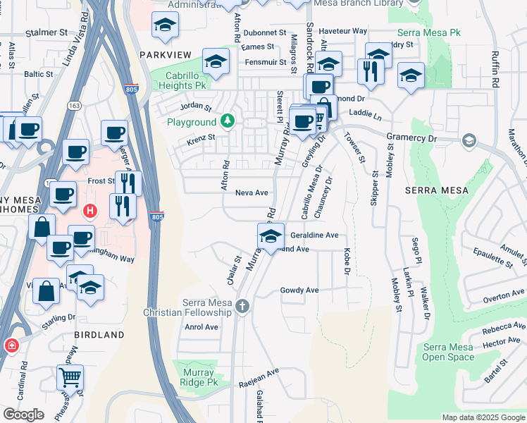 map of restaurants, bars, coffee shops, grocery stores, and more near 8662 Onalaska Avenue in San Diego