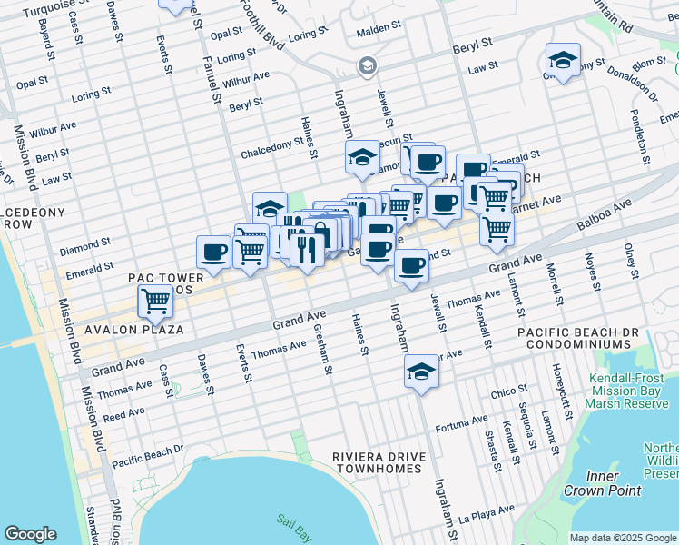 map of restaurants, bars, coffee shops, grocery stores, and more near 1478 Hornblend Street in San Diego
