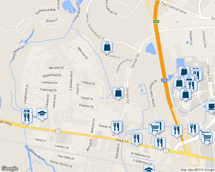 map of restaurants, bars, coffee shops, grocery stores, and more near 832 Williamsburg Lane in Charleston
