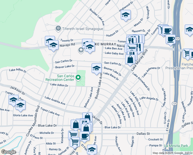 map of restaurants, bars, coffee shops, grocery stores, and more near 6460 Boulder Lake Avenue in San Diego
