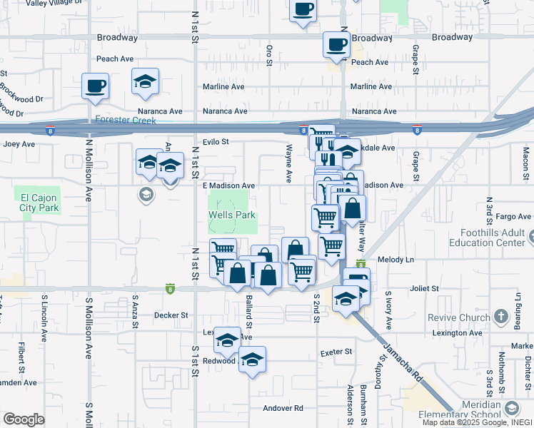 map of restaurants, bars, coffee shops, grocery stores, and more near 368 Orlando Street in El Cajon