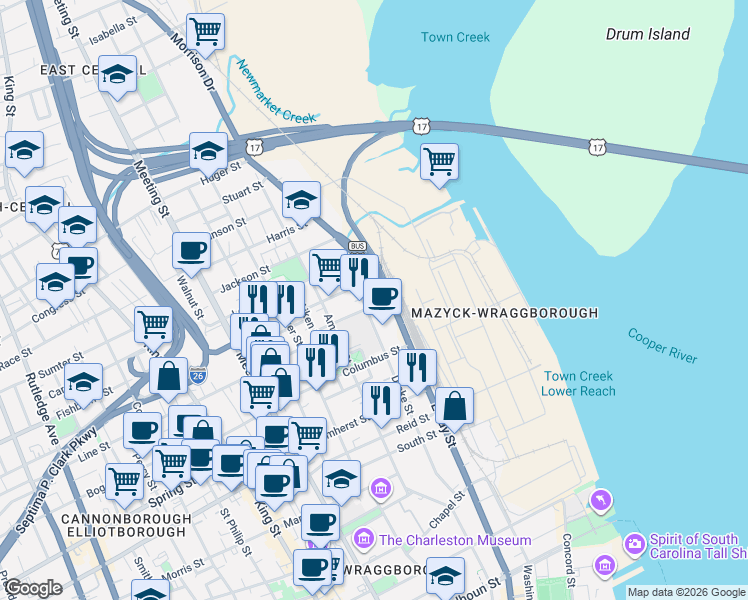 map of restaurants, bars, coffee shops, grocery stores, and more near 10 Blake Street in Charleston